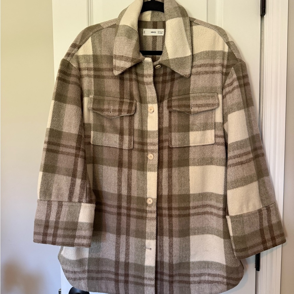 Mango Checkered Oversized Jacket in Cream and Brown